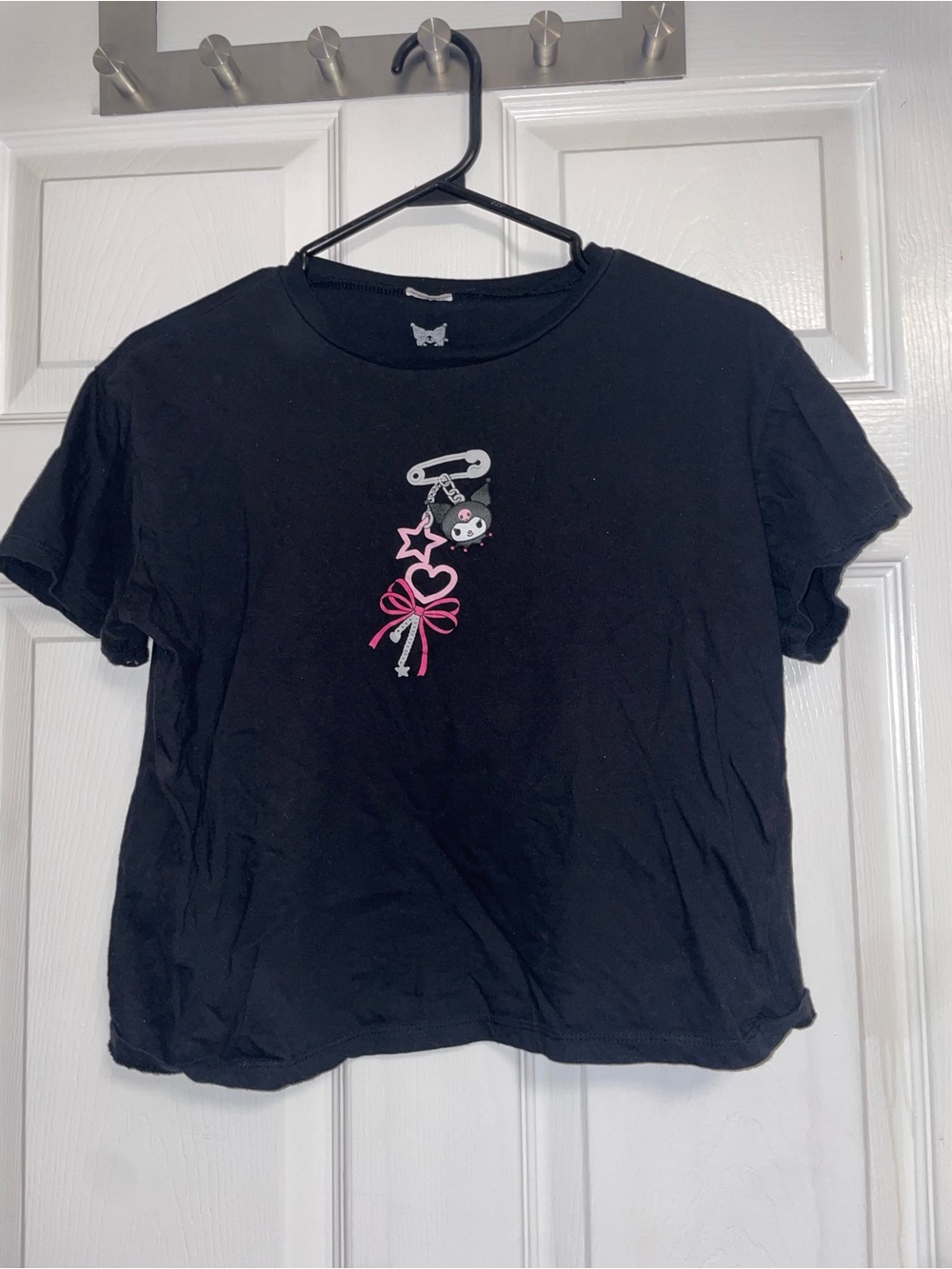 Sanrio Black Tee with Pink Bow and Charm Graphic